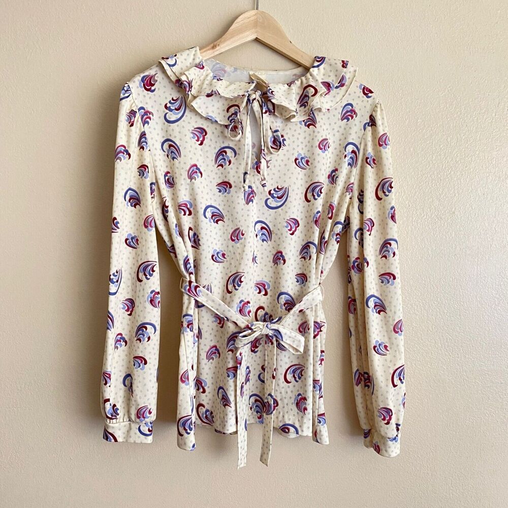 Vintage 70s Montgomery Ward Off White Size M 12/14 Blouse Waist Belt Swirl Dots